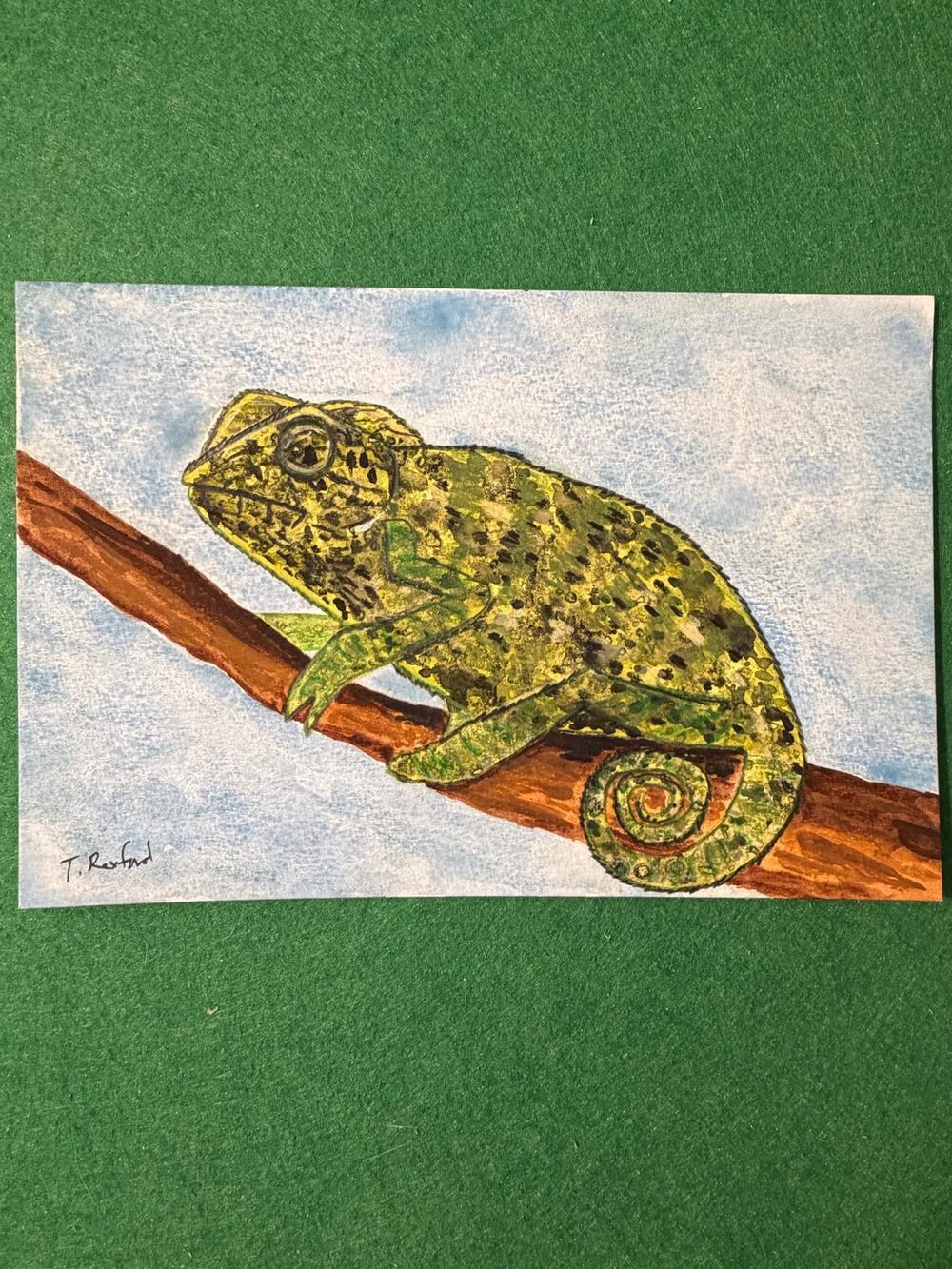 Hand painted watercolor original painting green gecko on tree branch